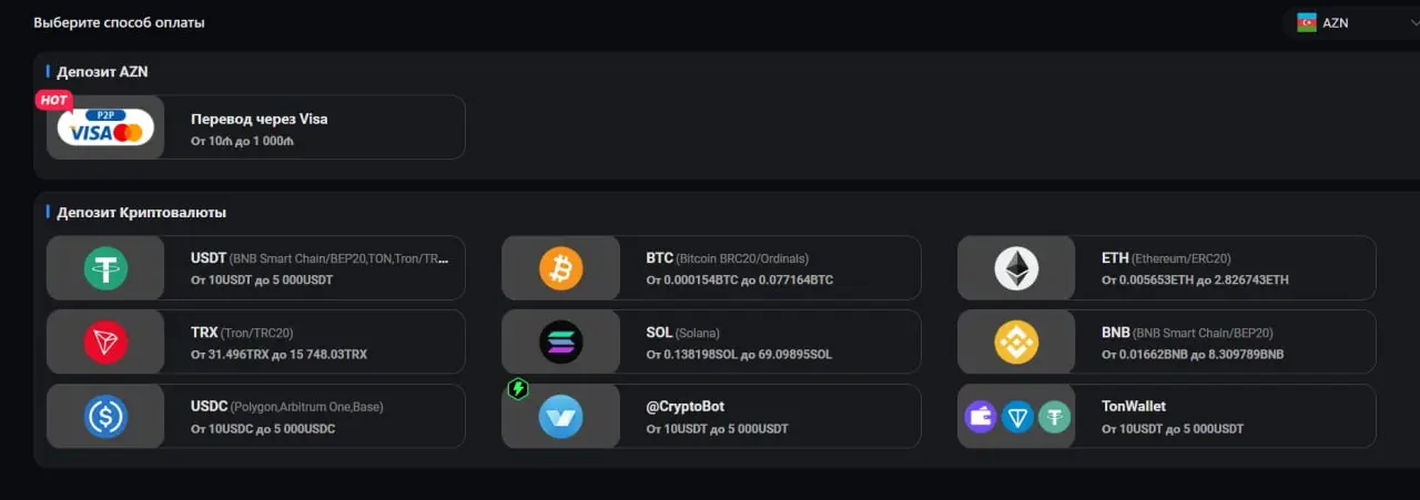 LuckyBear AZN Visa and crypto cashier screenshot